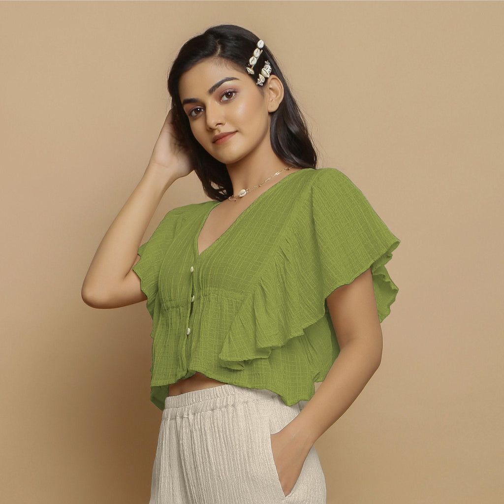 Leaf Green Crinkled Cotton Butterfly Sleeves Crop Top