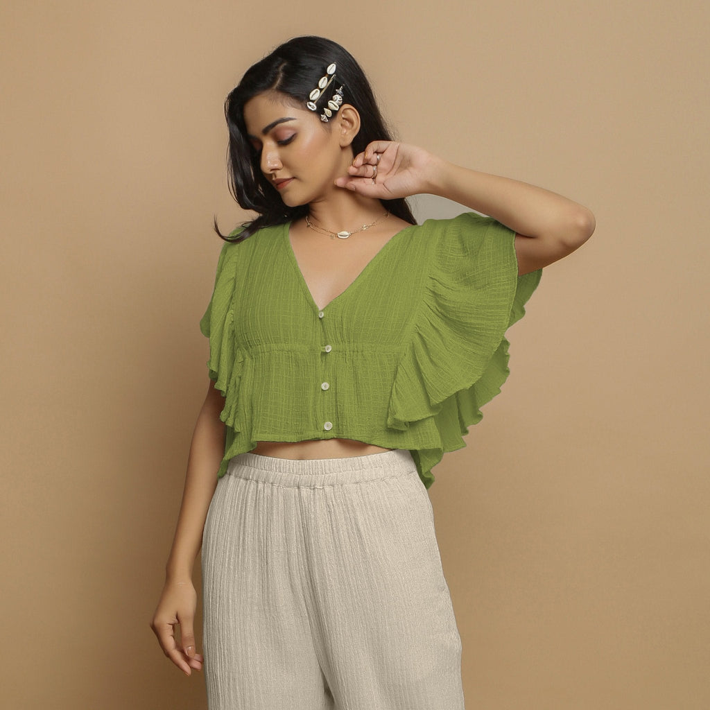Leaf Green Crinkled Cotton Butterfly Sleeves Crop Top