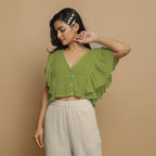 Leaf Green Crinkled Cotton Butterfly Sleeves Crop Top