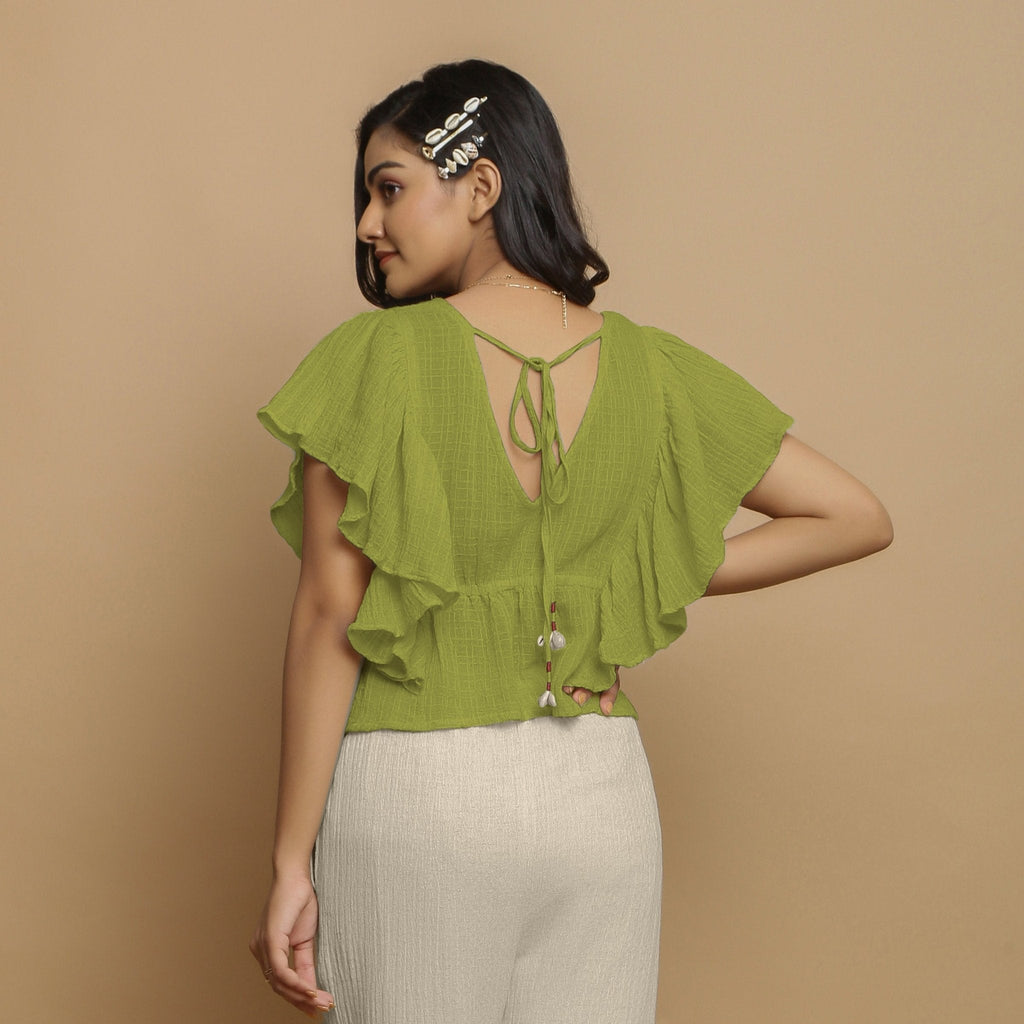 Leaf Green Crinkled Cotton Butterfly Sleeves Crop Top