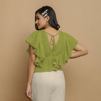 Leaf Green Crinkled Cotton Butterfly Sleeves Crop Top
