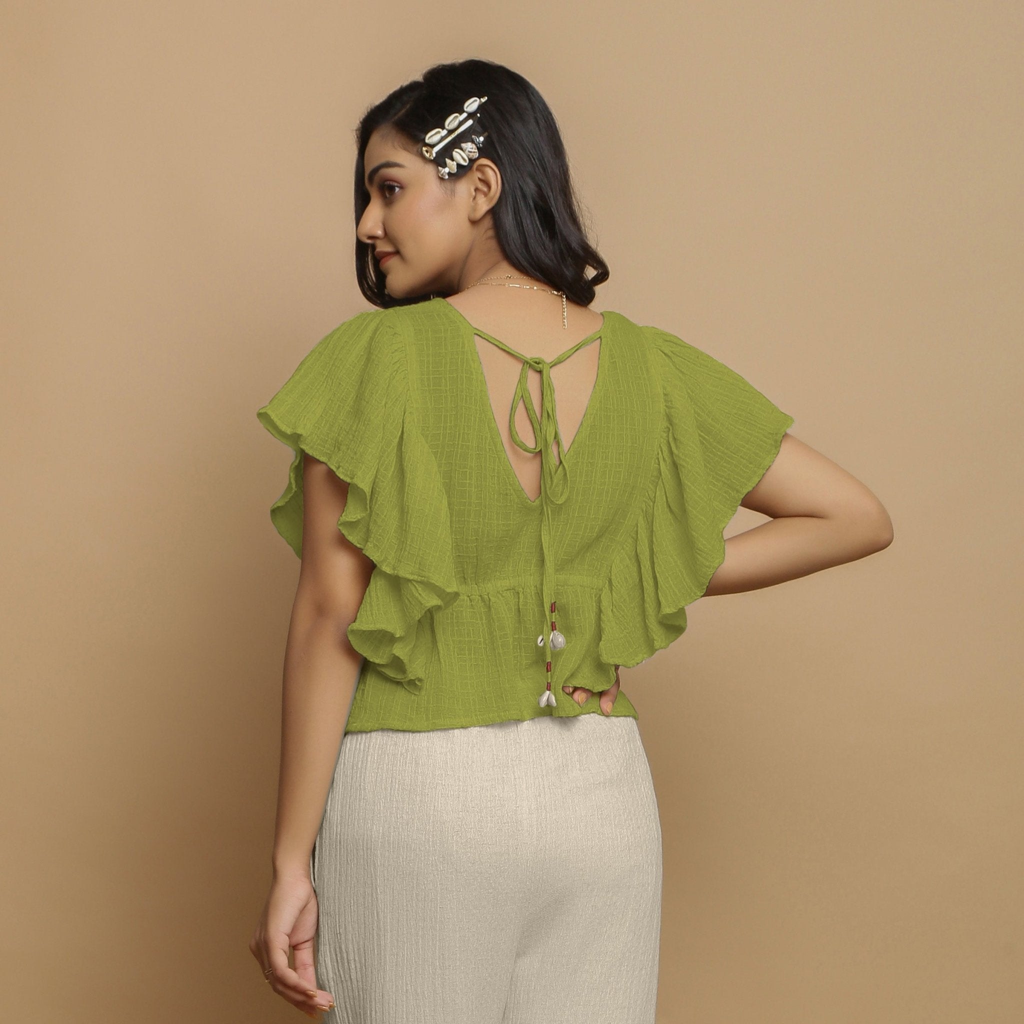 Leaf Green Crinkled Cotton Butterfly Sleeves Crop Top