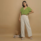 Leaf Green Crinkled Cotton Butterfly Sleeves Crop Top