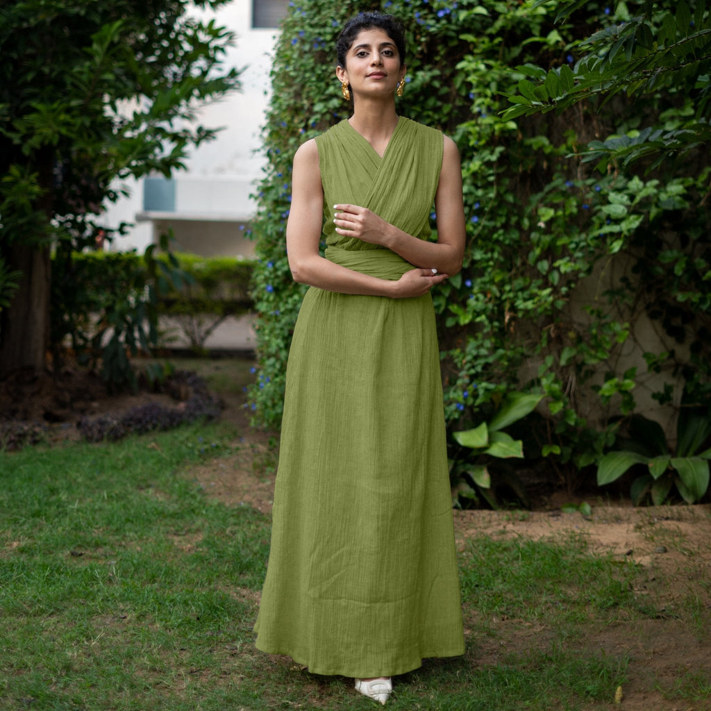 Leaf Green Crinkled Cotton Flax Boho Infinity Drape Gown with Matching Tube
