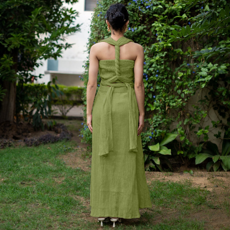 Leaf Green Crinkled Cotton Flax Boho Infinity Drape Gown with Matching Tube