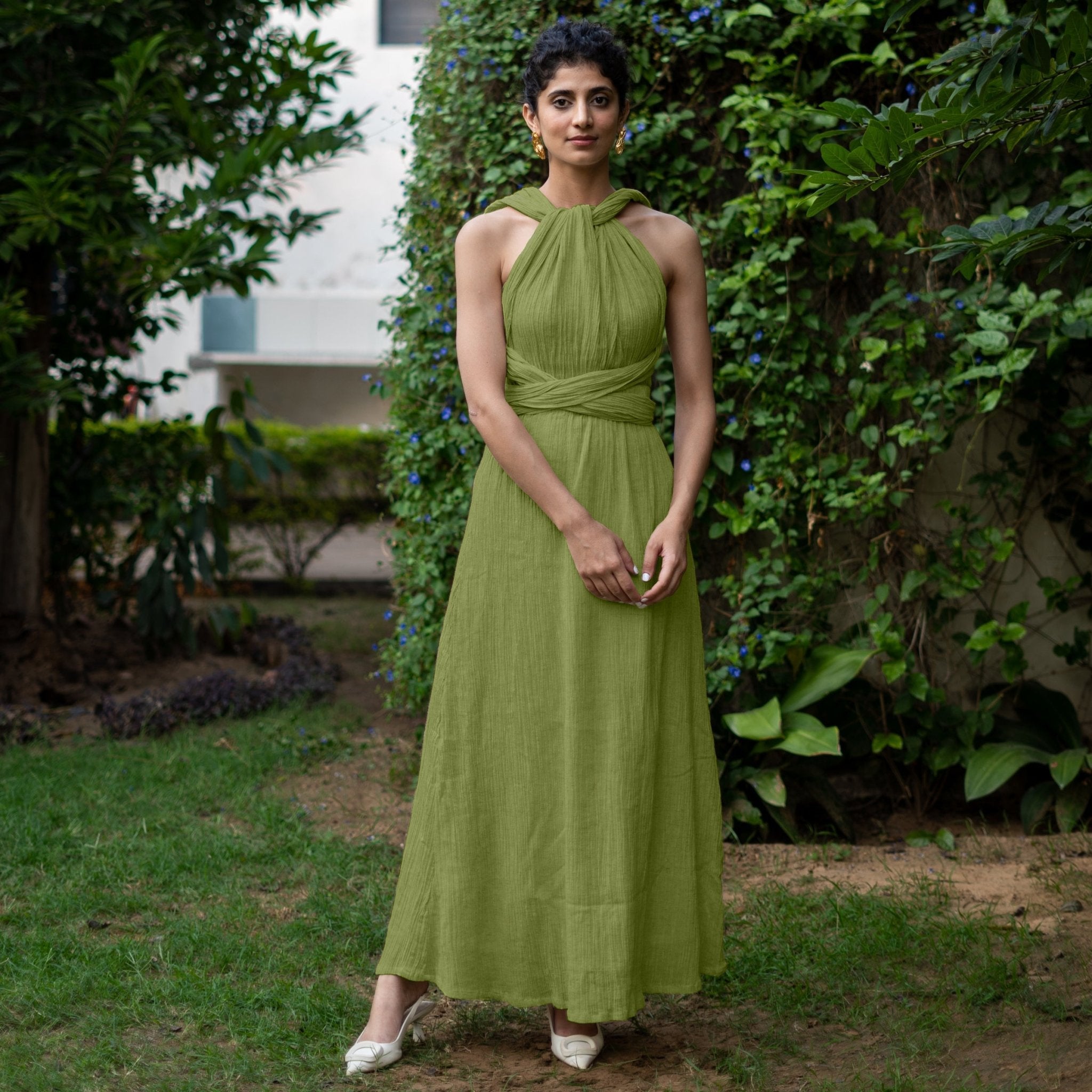 Leaf Green Crinkled Cotton Flax Boho Infinity Drape Gown with Matching Tube