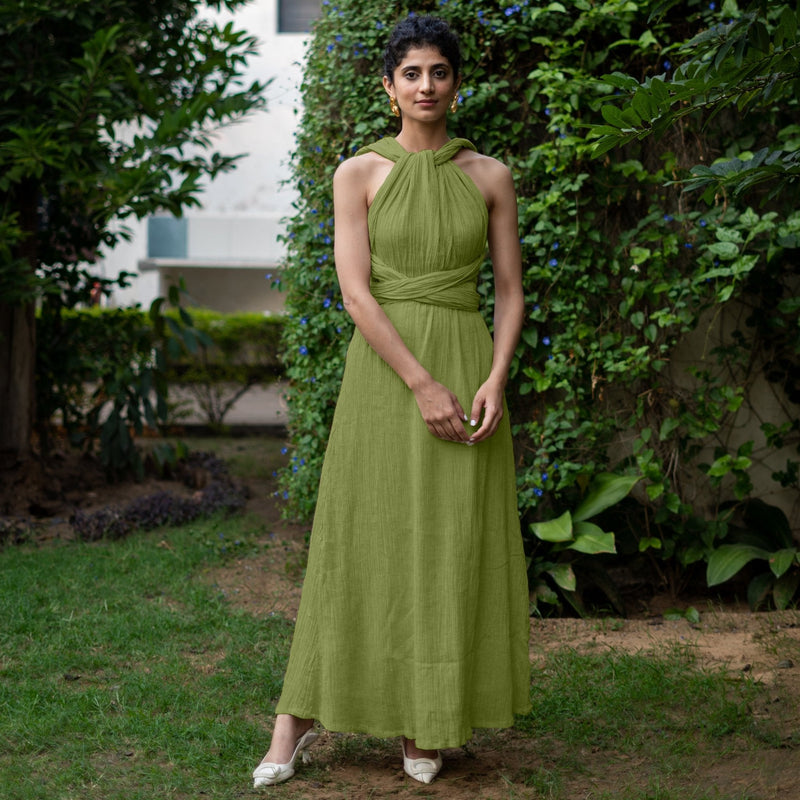 Leaf Green Crinkled Cotton Flax Boho Infinity Drape Gown with Matching Tube