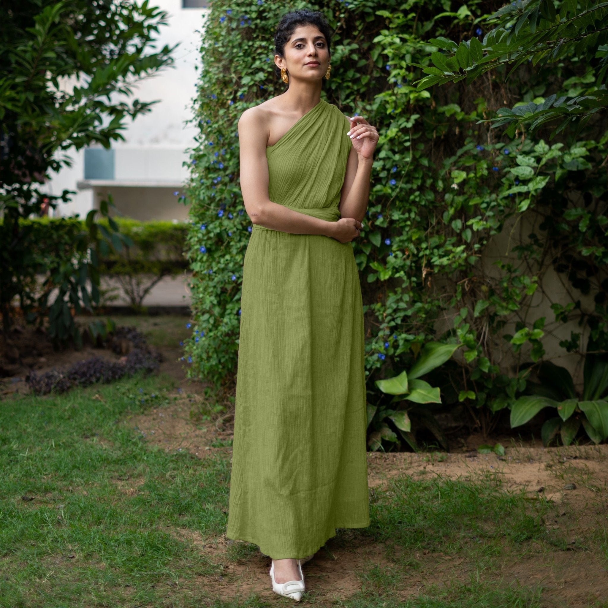 Leaf Green Crinkled Cotton Flax Boho Infinity Drape Gown with Matching Tube