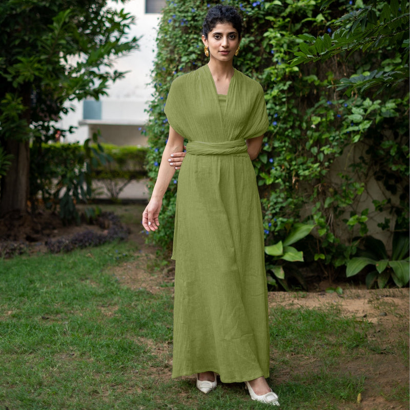 Leaf Green Crinkled Cotton Flax Boho Infinity Drape Gown with Matching Tube