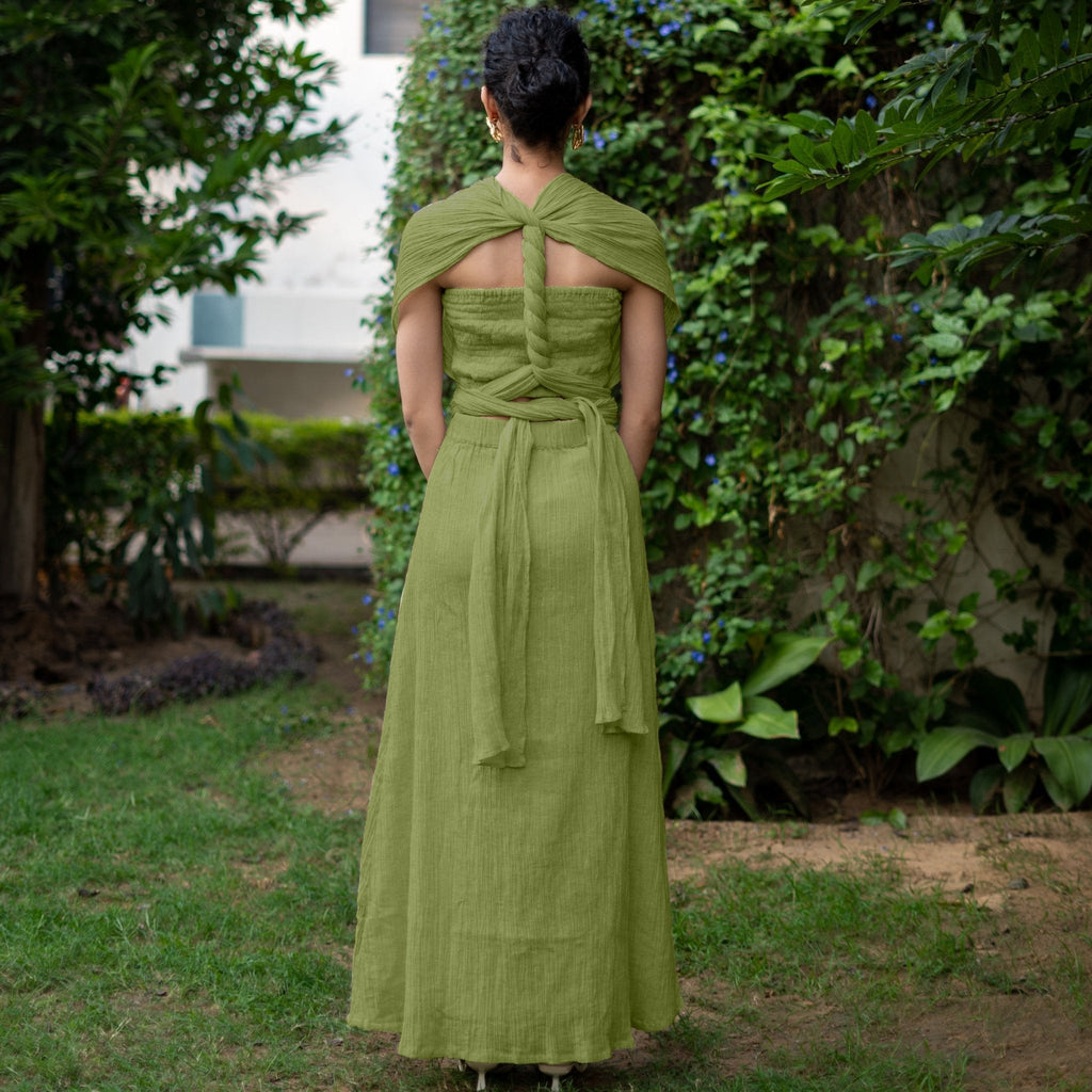 Leaf Green Crinkled Cotton Flax Boho Infinity Drape Gown with Matching Tube