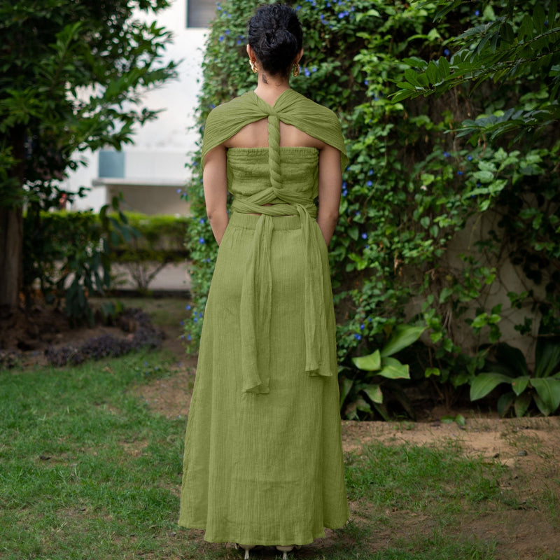 Leaf Green Crinkled Cotton Flax Boho Infinity Drape Gown with Matching Tube