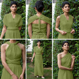 Leaf Green Crinkled Cotton Flax Boho Infinity Drape Gown with Matching Tube