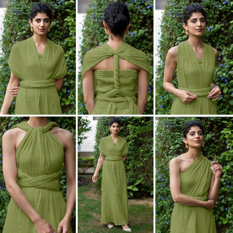 Leaf Green Crinkled Cotton Flax Boho Infinity Drape Gown with Matching Tube