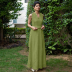 Leaf Green Crinkled Cotton Flax Boho Infinity Drape Gown with Matching Tube