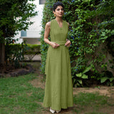 Leaf Green Crinkled Cotton Flax Boho Infinity Drape Gown with Matching Tube
