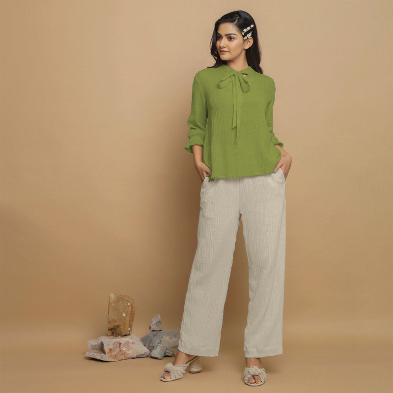 Leaf Green Crinkled Cotton Flax Boho Tie-Neck Top