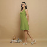 Leaf Green Crinkled Cotton Flax Deep Neck Sleeveless Short Dress