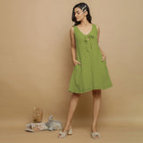 Leaf Green Crinkled Cotton Flax Deep Neck Sleeveless Short Dress