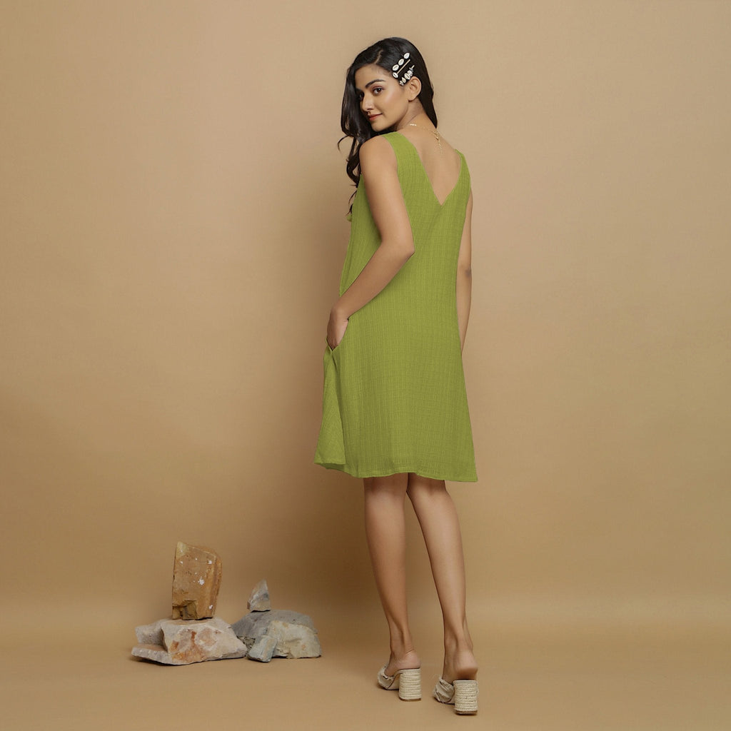 Leaf Green Crinkled Cotton Flax Deep Neck Sleeveless Short Dress