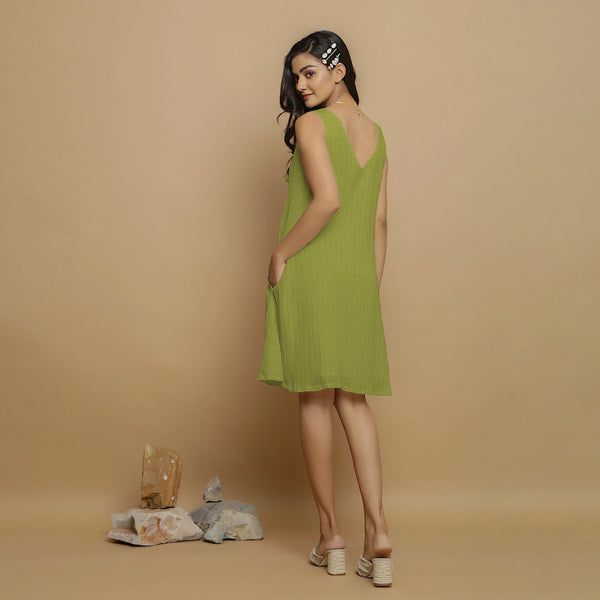 Leaf Green Crinkled Cotton Flax Deep Neck Sleeveless Short Dress