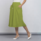 Leaf Green Crinkled Cotton Flax Elasticated Flared Midi Skirt