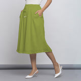 Leaf Green Crinkled Cotton Flax Elasticated Flared Midi Skirt