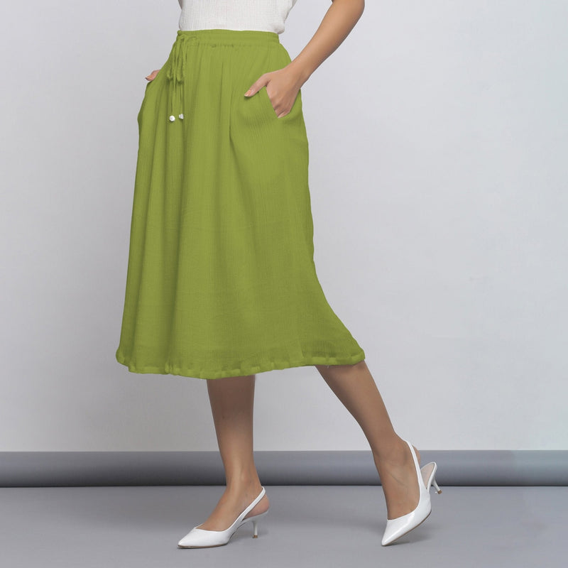Leaf Green Crinkled Cotton Flax Elasticated Flared Midi Skirt