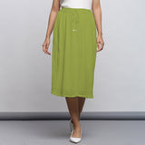 Leaf Green Crinkled Cotton Flax Elasticated Flared Midi Skirt