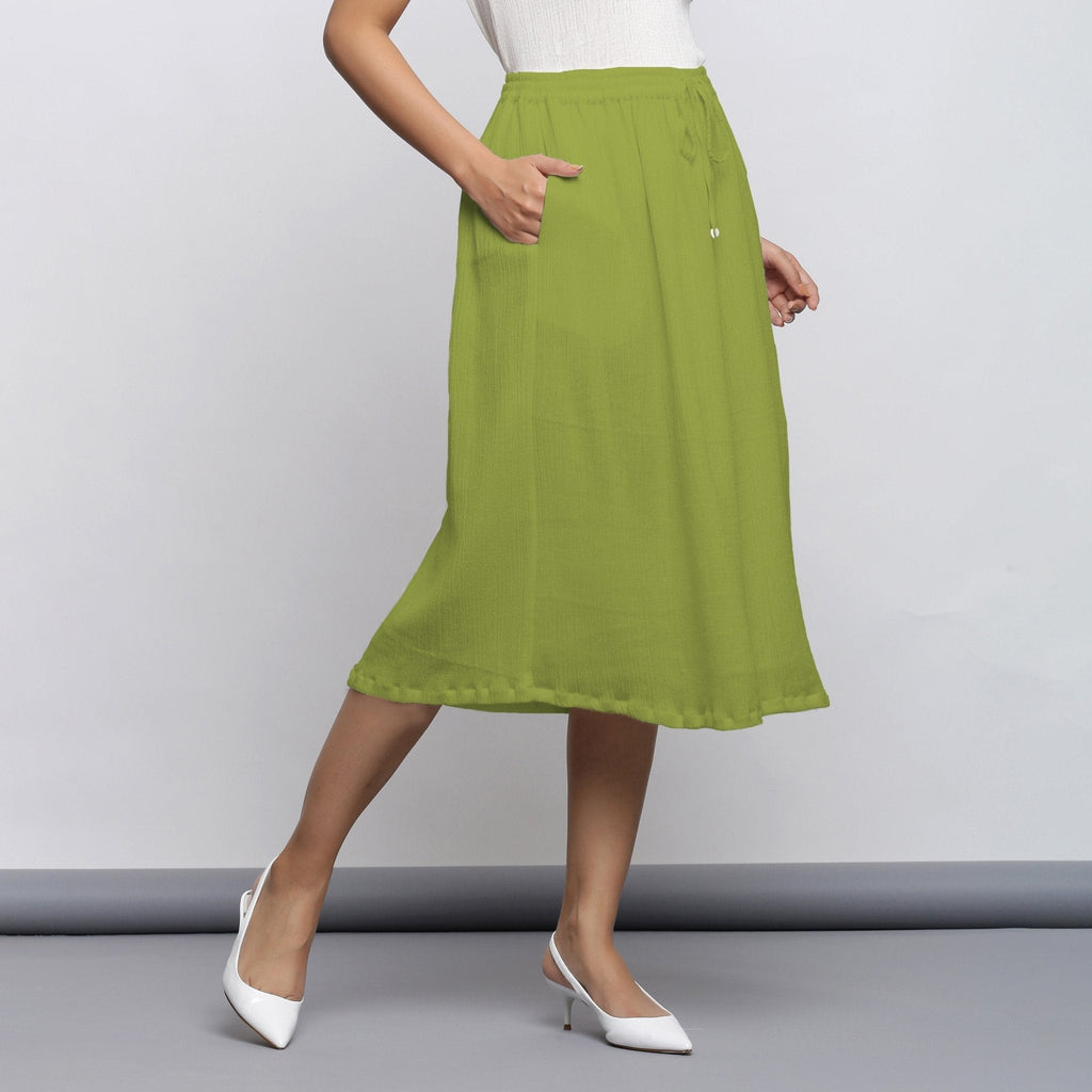 Leaf Green Crinkled Cotton Flax Elasticated Flared Midi Skirt