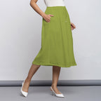 Leaf Green Crinkled Cotton Flax Elasticated Flared Midi Skirt