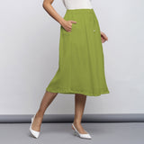 Leaf Green Crinkled Cotton Flax Elasticated Flared Midi Skirt