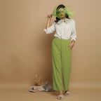 Leaf Green Crinkled Cotton Flax Elasticated Mid-Rise Pant