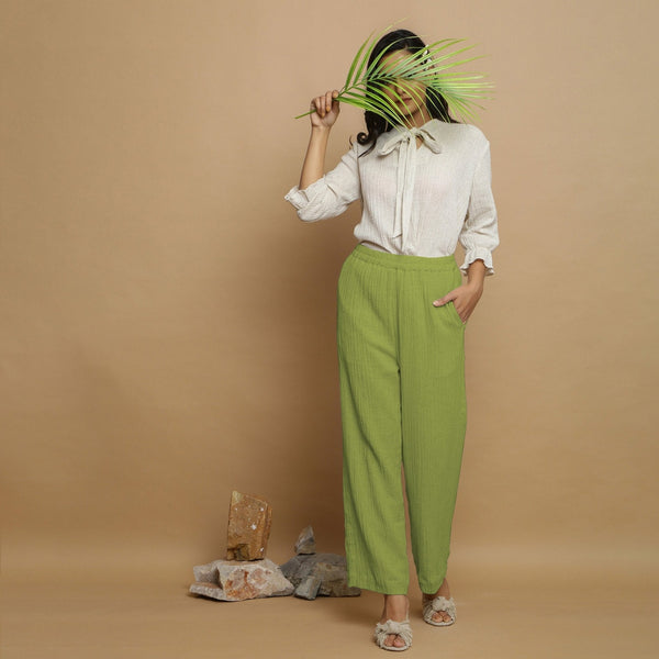 Leaf Green Crinkled Cotton Flax Elasticated Mid-Rise Pant