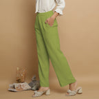 Leaf Green Crinkled Cotton Flax Elasticated Mid-Rise Pant
