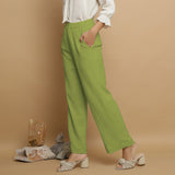 Leaf Green Crinkled Cotton Flax Elasticated Mid-Rise Pant