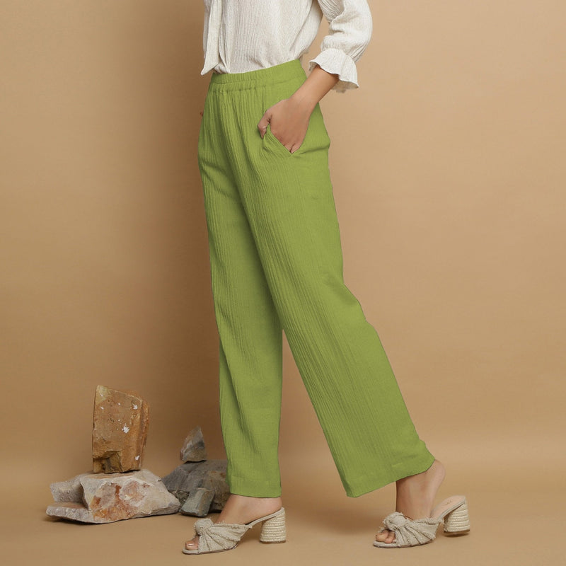 Leaf Green Crinkled Cotton Flax Elasticated Mid-Rise Pant
