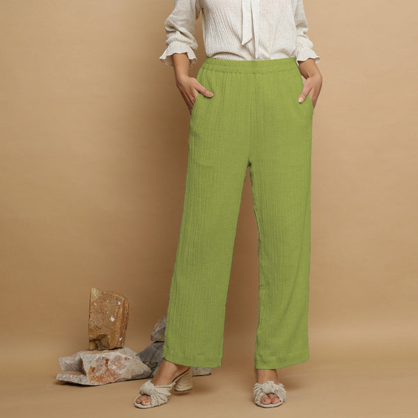 Leaf Green Crinkled Cotton Flax Elasticated Mid-Rise Pant