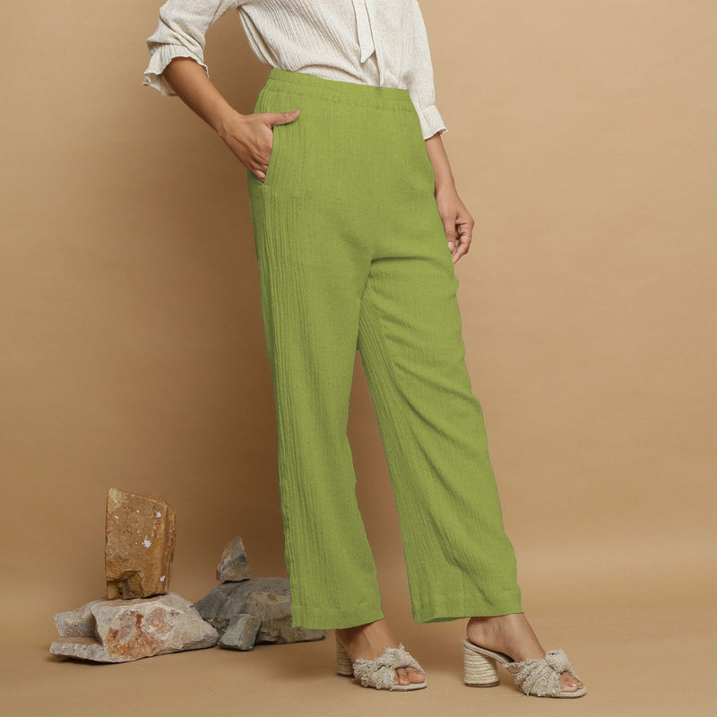 Leaf Green Crinkled Cotton Flax Elasticated Mid-Rise Pant
