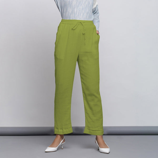 Leaf Green Crinkled Cotton Flax Elasticated Mid-Rise Tapered Pant