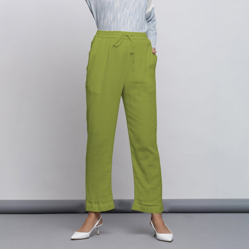 Leaf Green Crinkled Cotton Flax Elasticated Mid-Rise Tapered Pant