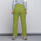 Leaf Green Crinkled Cotton Flax Elasticated Mid-Rise Tapered Pant