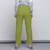 Leaf Green Crinkled Cotton Flax Elasticated Mid-Rise Tapered Pant