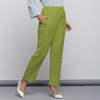 Leaf Green Crinkled Cotton Flax Elasticated Mid-Rise Tapered Pant