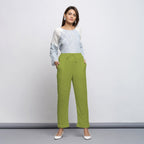 Leaf Green Crinkled Cotton Flax Elasticated Mid-Rise Tapered Pant