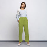 Leaf Green Crinkled Cotton Flax Elasticated Mid-Rise Tapered Pant
