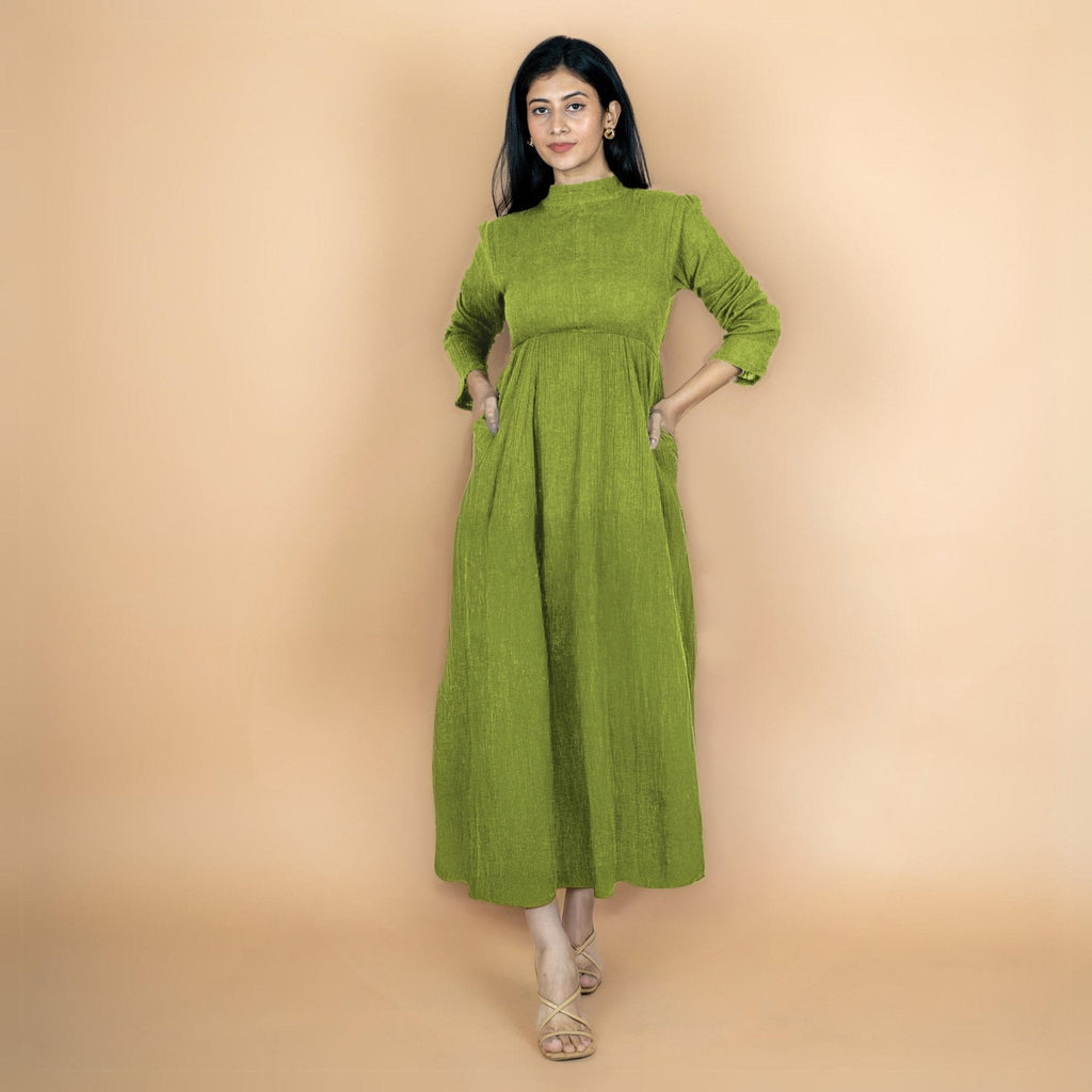 Leaf Green Crinkled Cotton Flax Fit and Flare Maxi Empire Dress