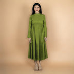 Leaf Green Crinkled Cotton Flax Fit and Flare Maxi Empire Dress