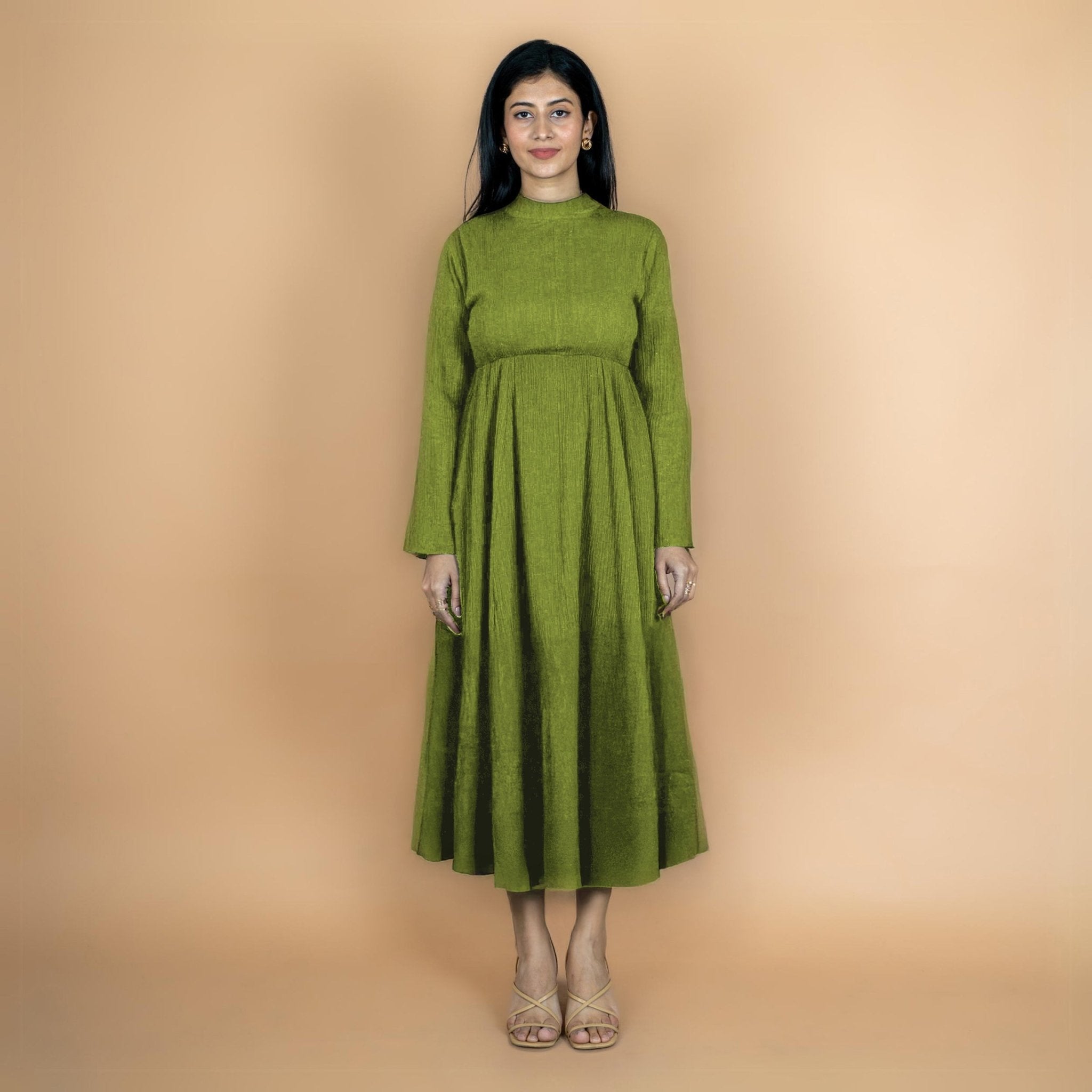 Leaf Green Crinkled Cotton Flax Fit and Flare Maxi Empire Dress