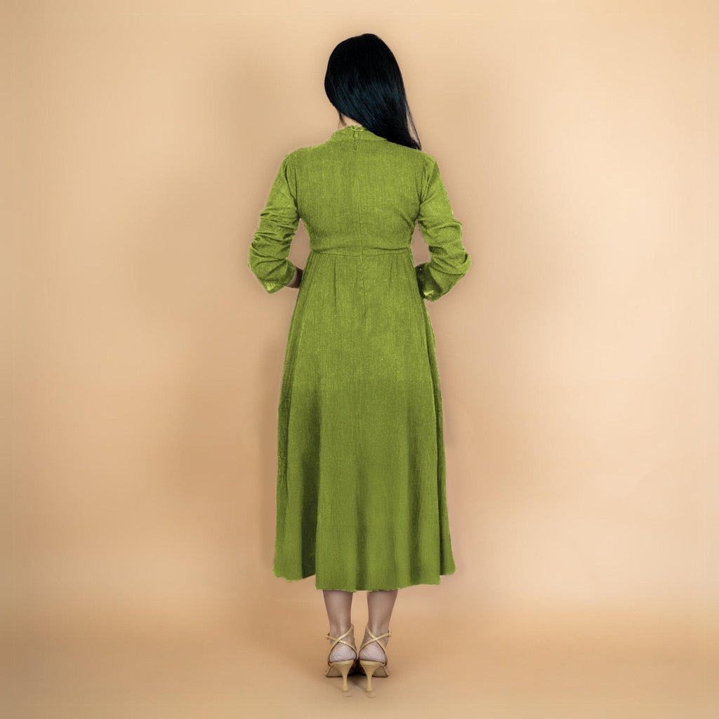 Leaf Green Crinkled Cotton Flax Fit and Flare Maxi Empire Dress