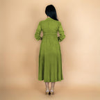 Leaf Green Crinkled Cotton Flax Fit and Flare Maxi Empire Dress